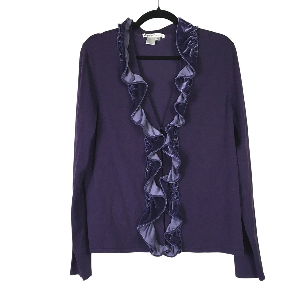 WinterSilks Silk Blend Velvet Ruffle Front Cardigan Purple